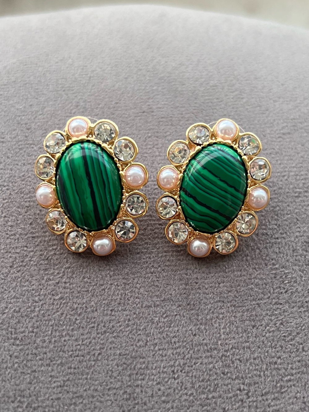 Gold Tone Green Malachite Oval Stud Earrings with Pearls and Crystals